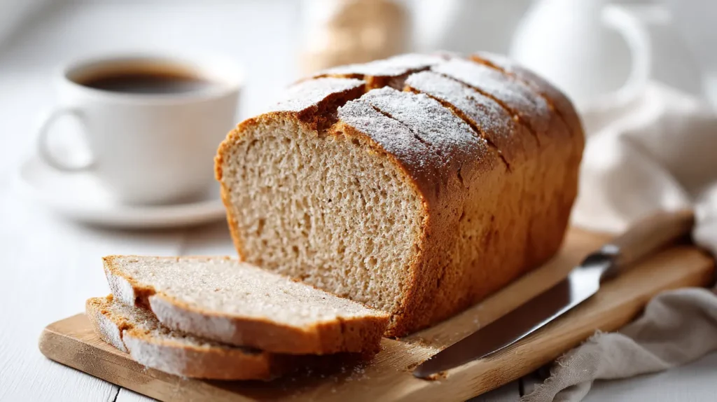 Sliced gluten-free bread on a cutting board with a knife and coffee, representing the final result of the recipe.