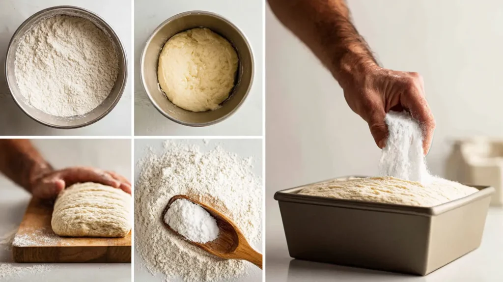 Step by step collage of gluten-free bread recipe: yeast activation, mixing, proofing, and baking.