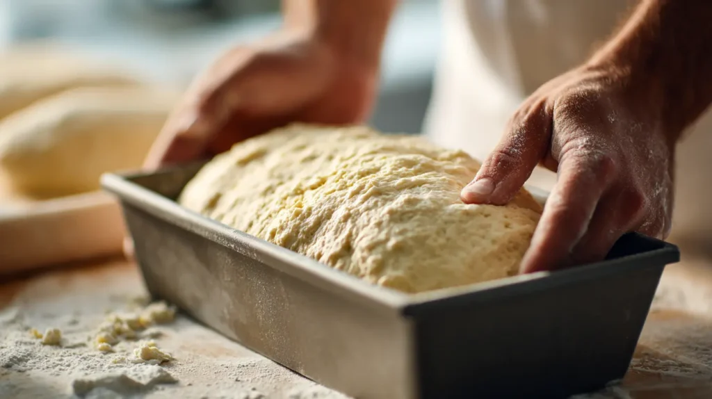 Close-up of shaping gluten-free bread dough in a loaf pan, showing the dough's texture.