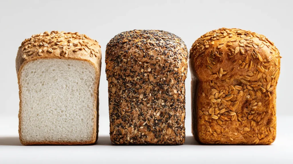 Three variations of gluten-free bread: white, seeded, and whole grain.