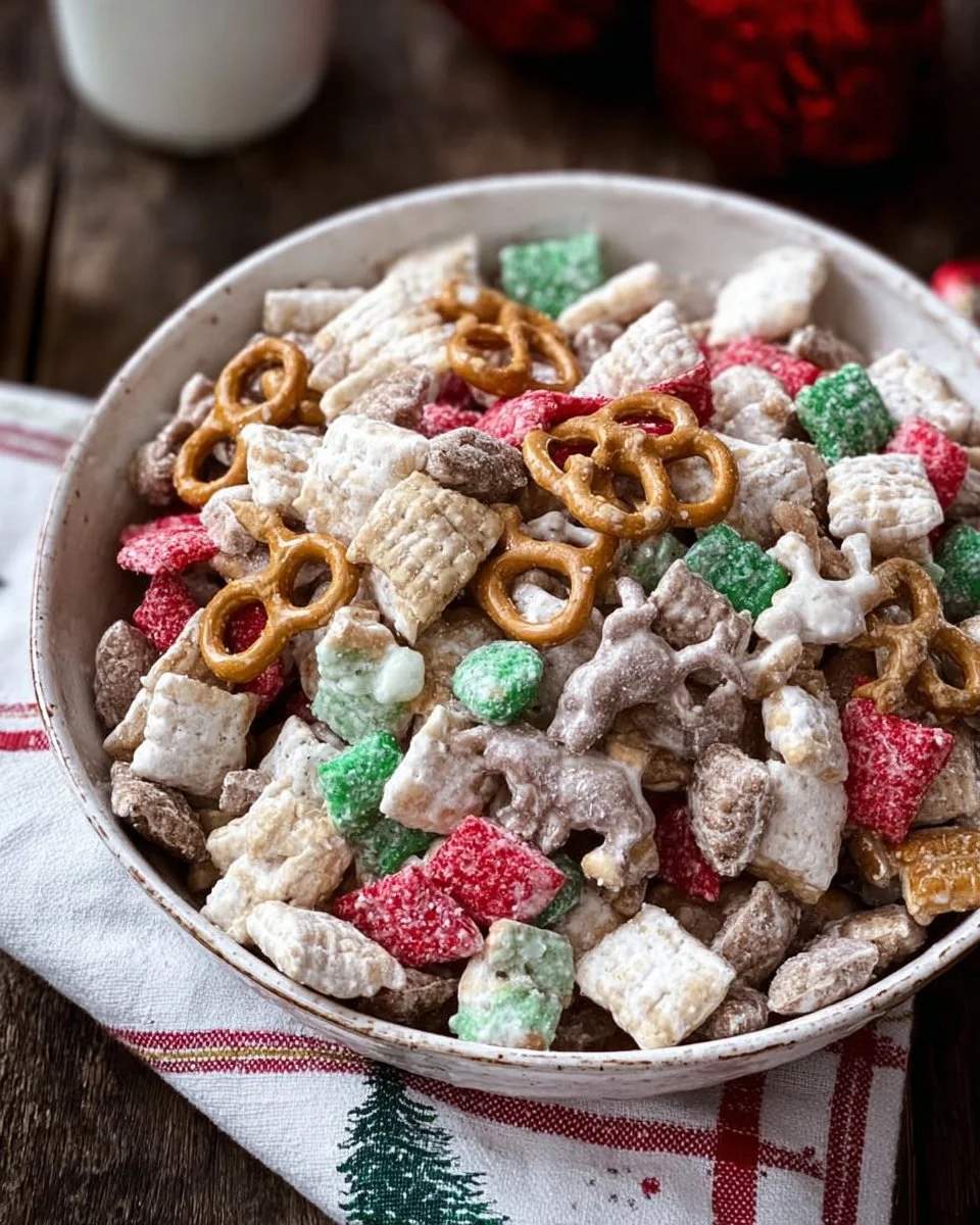 A festive bowl of Gluten Free Reindeer Chow decorated with holiday-themed toppings.