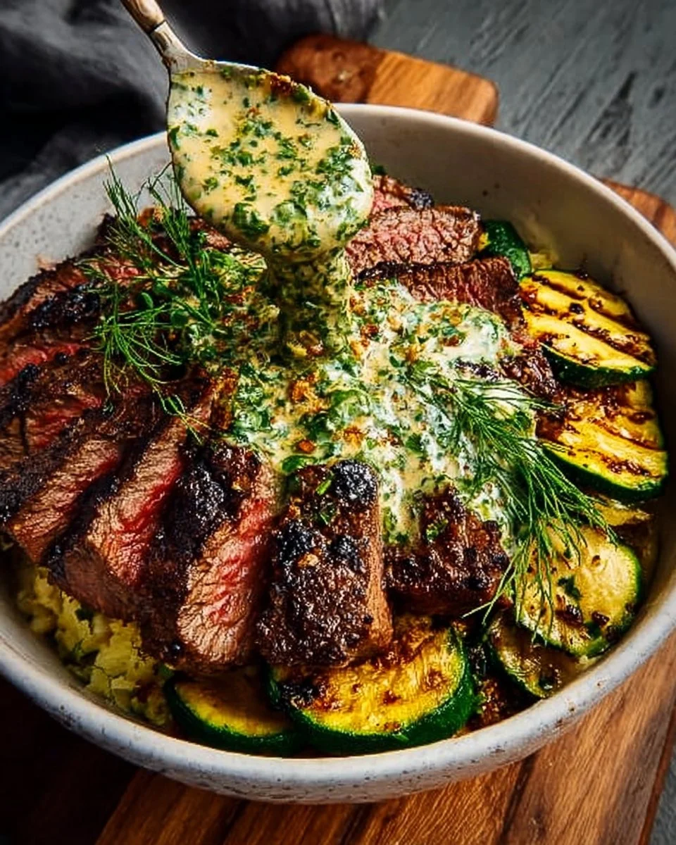 Grilled steak bowl with smoky zucchini and herb sauce, a flavorful meal