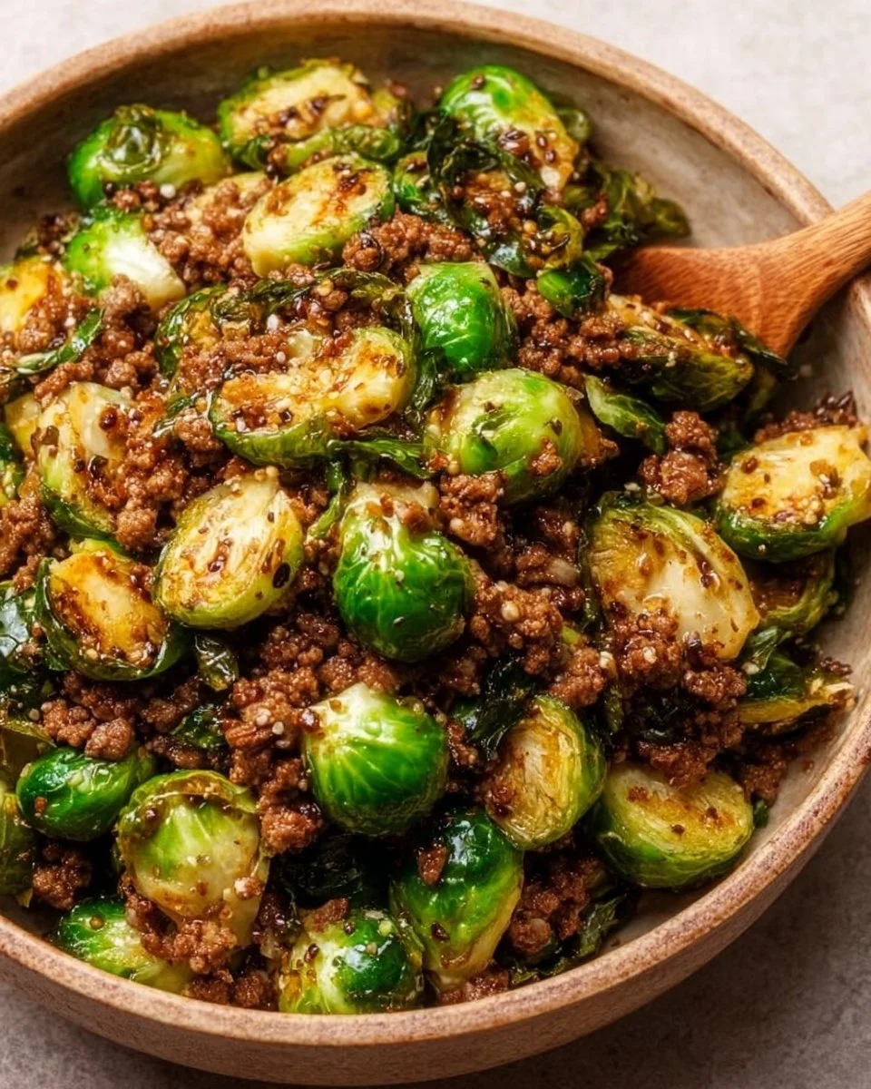 Ground beef and Brussels sprouts dish garnished with herbs.