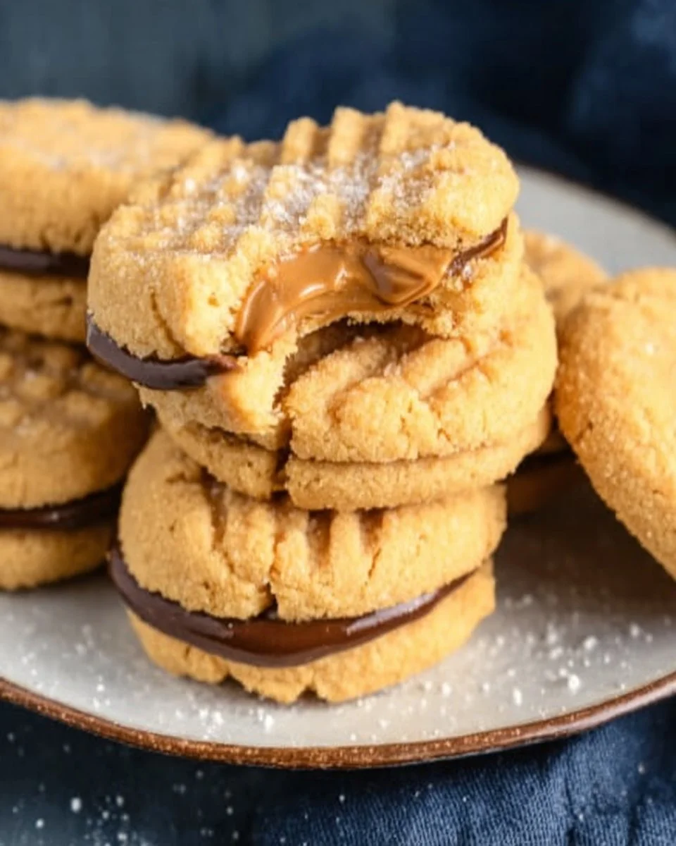 Homemade Nutter Butters cookies stacked on a plate