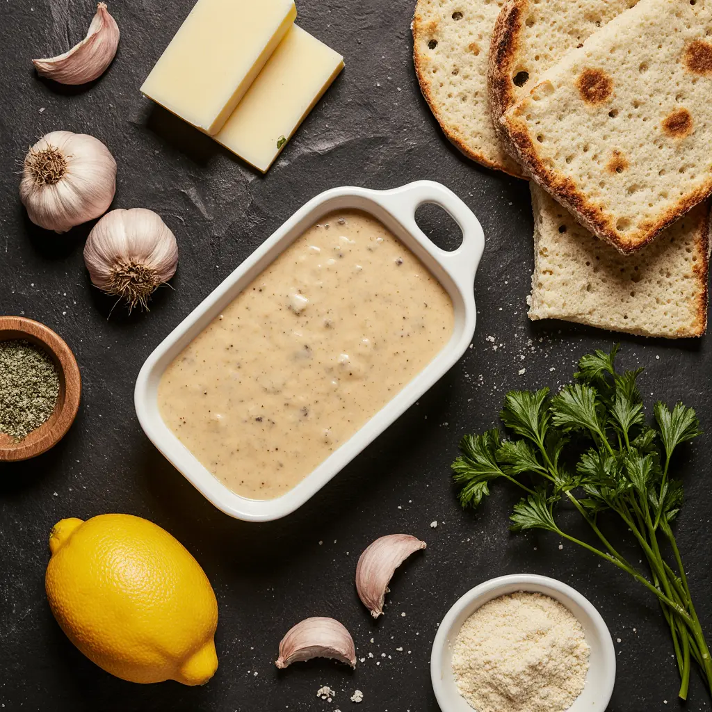 Fresh ingredients for butter garlic dipping sauce including butter, garlic, lemon, and parsley