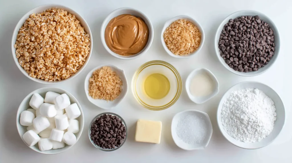 Ingredients for chocolate peanut butter rice krispie treats recipe