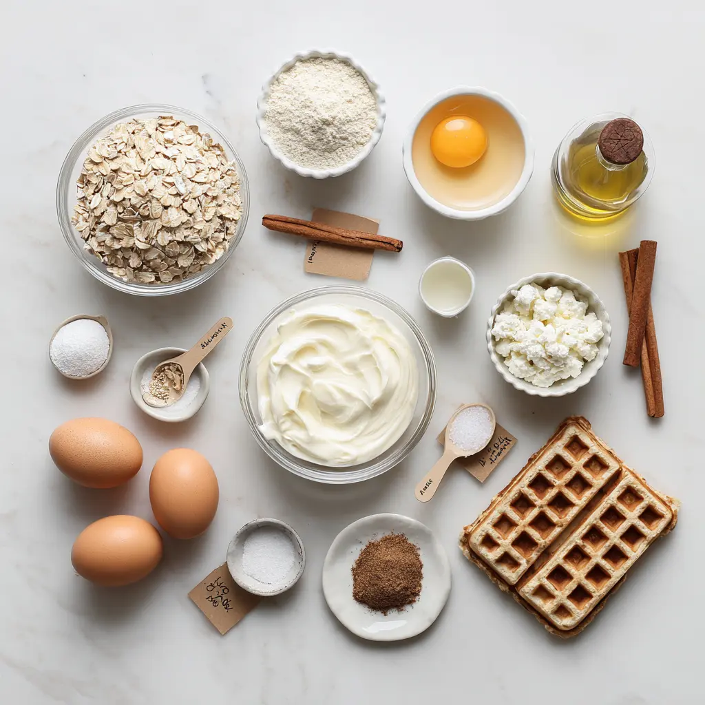 All ingredients for protein waffle recipe laid out for easy reference – eggs, oats, cottage cheese, Greek yogurt, protein powder