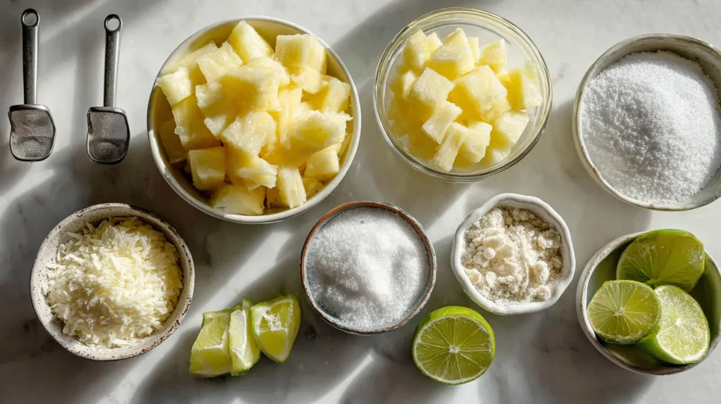 Chopped pineapple, sugar, and lime ingredients for Pineapple Jam Recipe