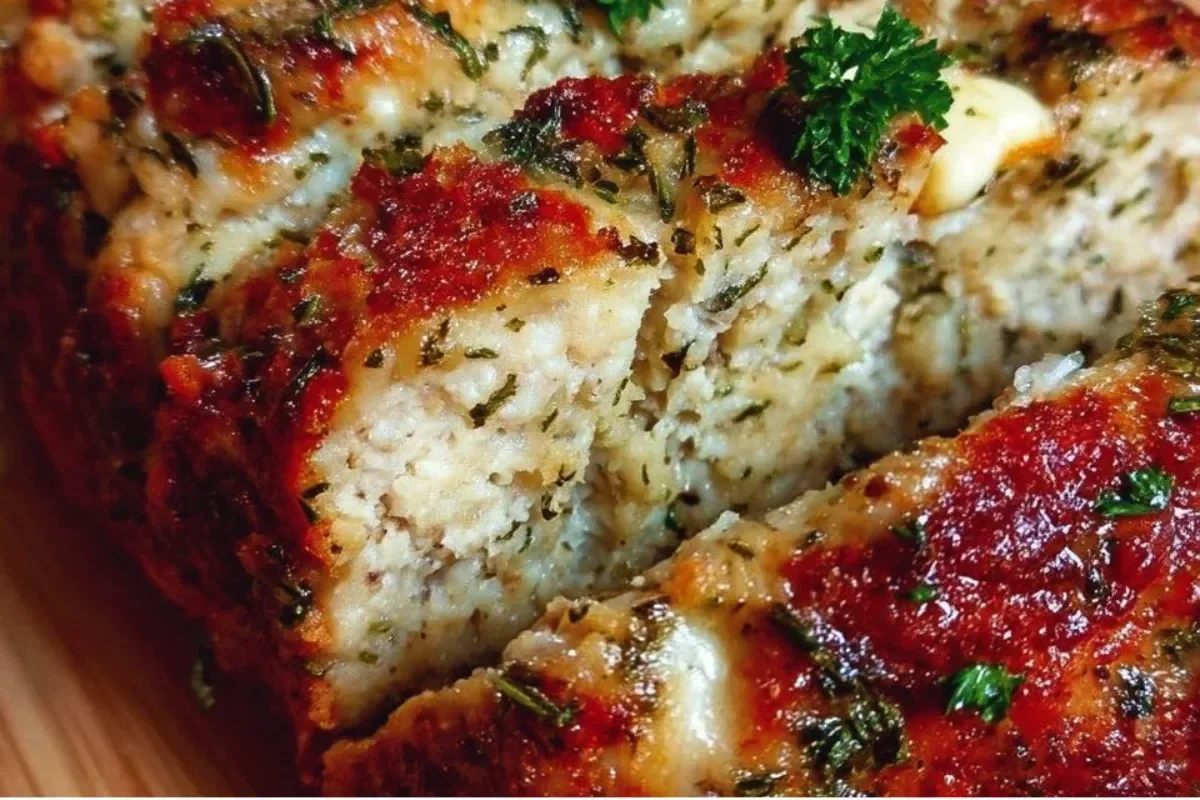 Delicious Italian Chicken Meatloaf served with herbs and tomato sauce.