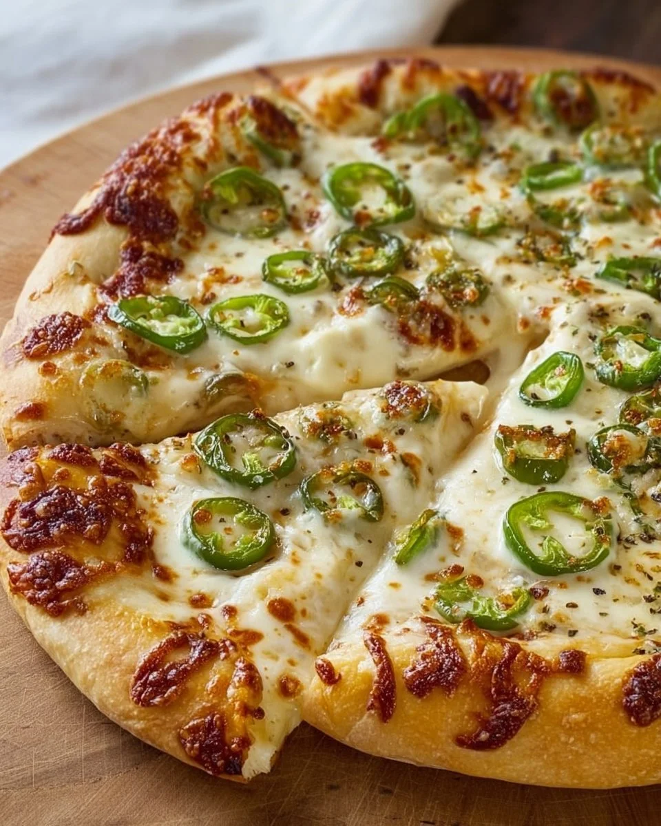 A mouthwatering jalapeño popper pizza topped with cheese and fresh jalapeños