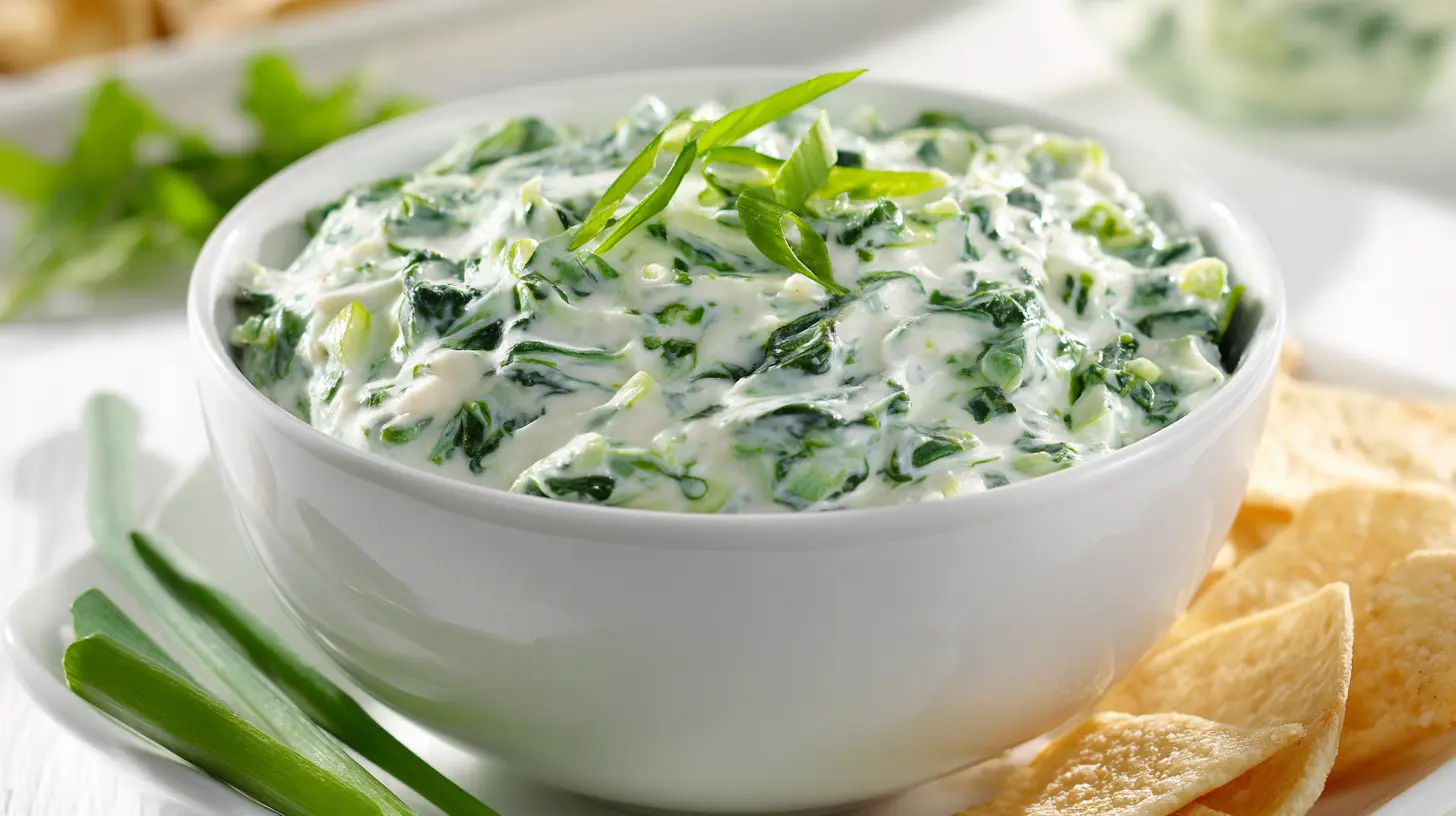 Classic Knorr spinach dip recipe in a white bowl on a bright white background with green onion garnish.