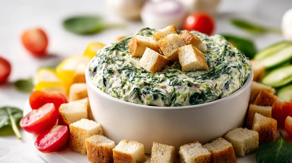 Knorr spinach dip recipe in a white bowl surrounded by bread cubes and fresh vegetables on a white background.