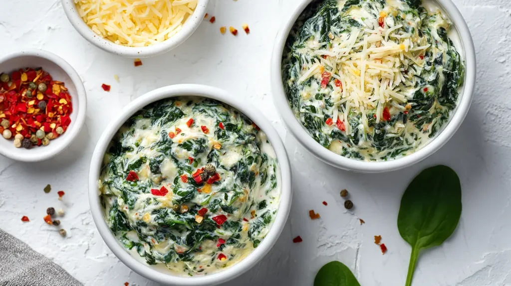 Two bowls of Knorr spinach dip recipe showing classic and cheesy spicy variations on a white background.