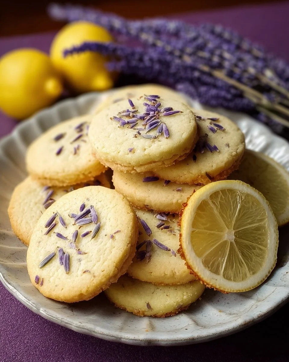 Delicious lemon lavender cookies decorated with lemon zest and lavender sprigs