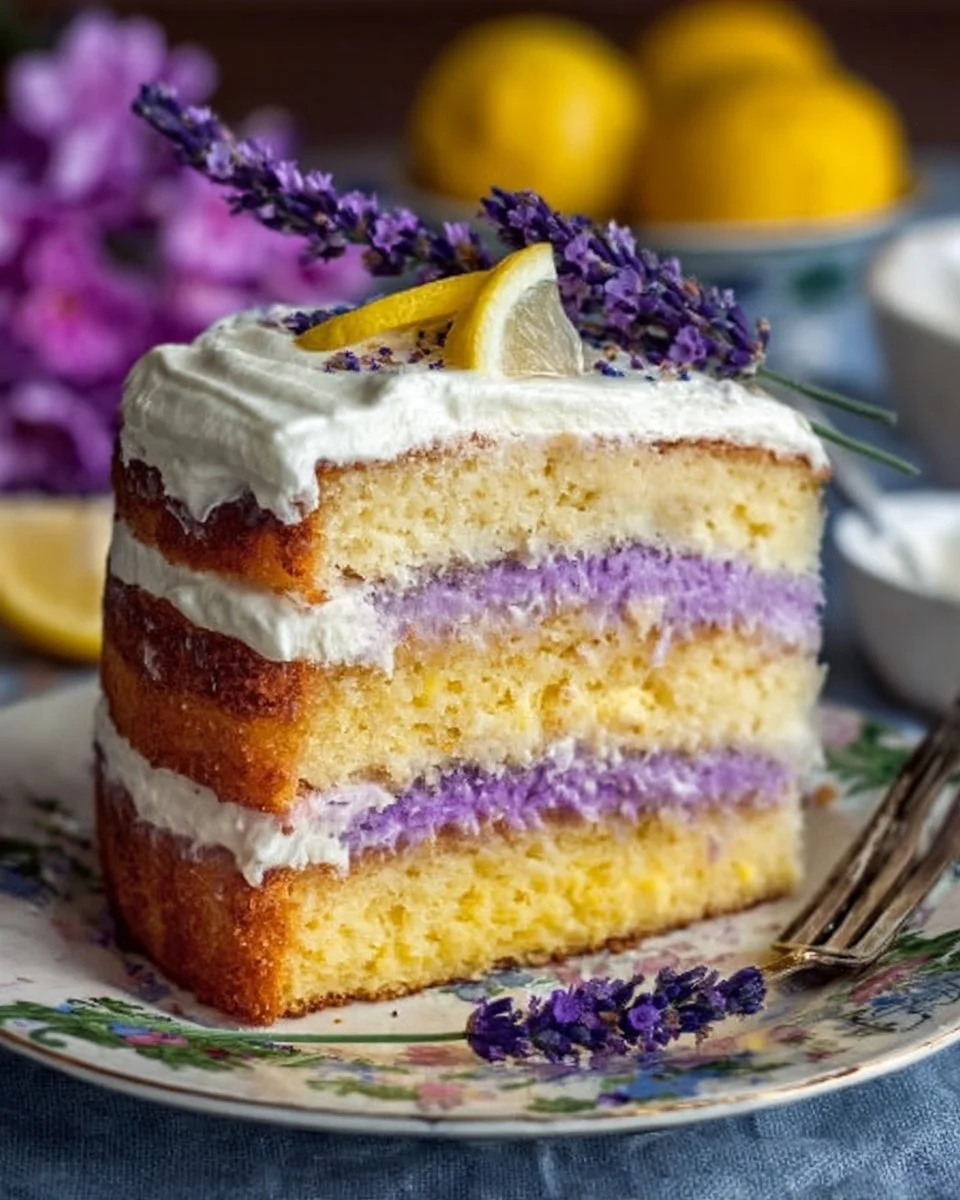 Slice of Lemon Lavender Dream Cake garnished with lavender flowers.