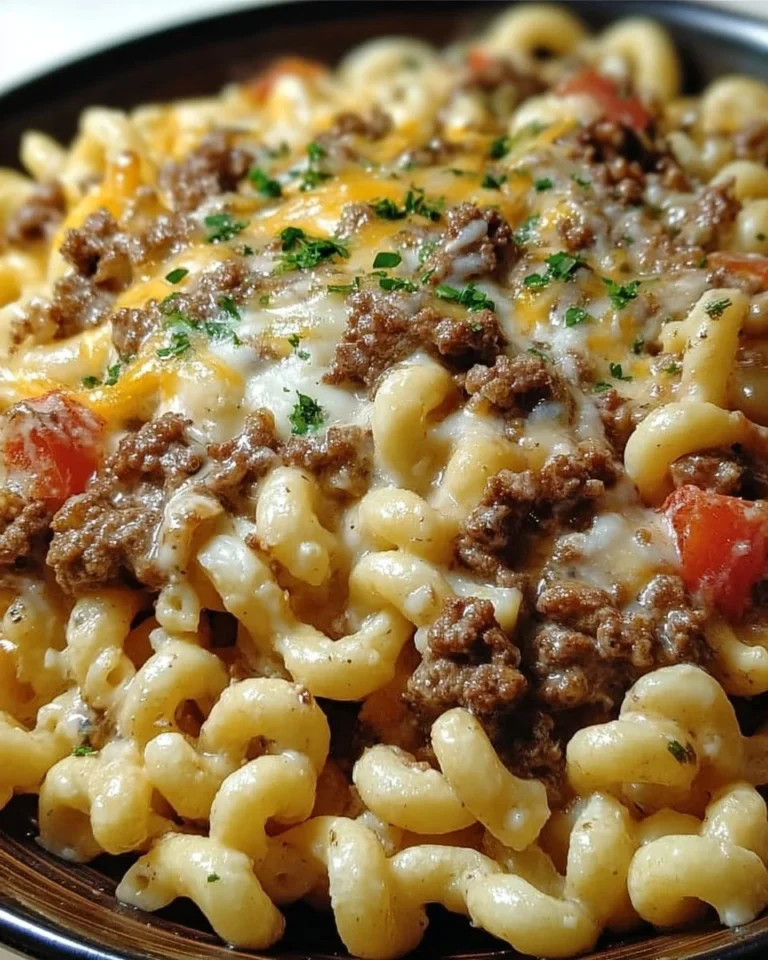 Loaded cheeseburger alfredo pasta in a creamy sauce topped with cheese and herbs