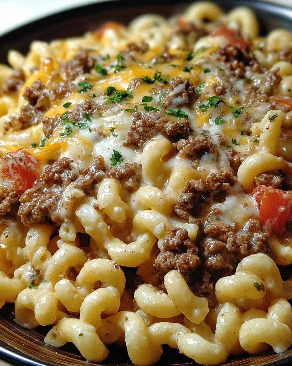 Loaded cheeseburger alfredo pasta in a creamy sauce topped with cheese and herbs