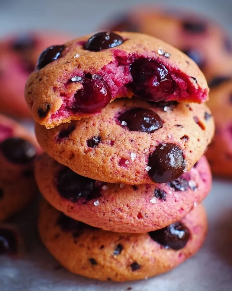 Maraschino Cherry Chocolate Chip Cookies on a plate with sprinkles.