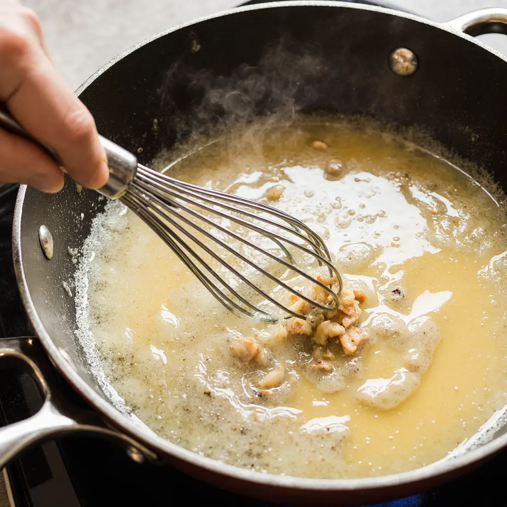 Whisking butter garlic sauce in a pan showing the perfect consistency