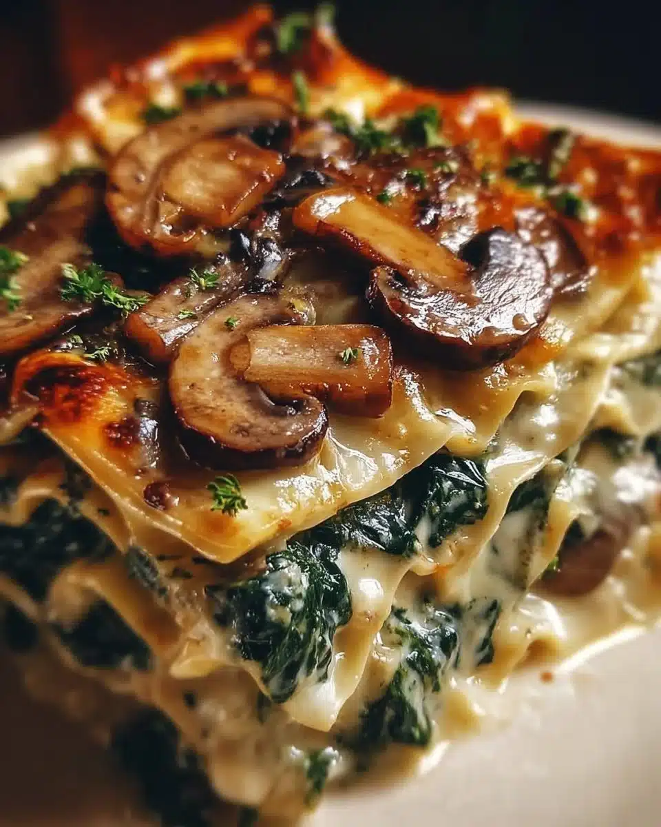 Delicious Mushroom Spinach Lasagna with layers of pasta and creamy sauce