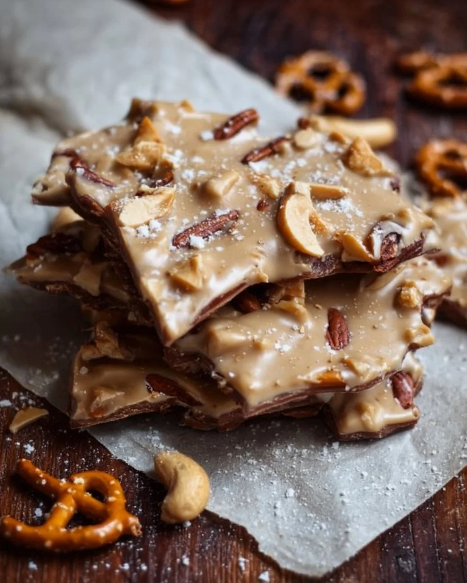 A delicious tray of Peanut Butter Pretzel Bark, a sweet and salty dessert treat.