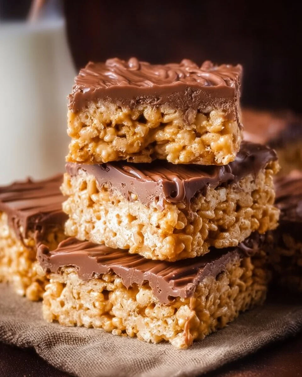 Delicious Peanut Butter Rice Krispie Treats stacked on a plate.