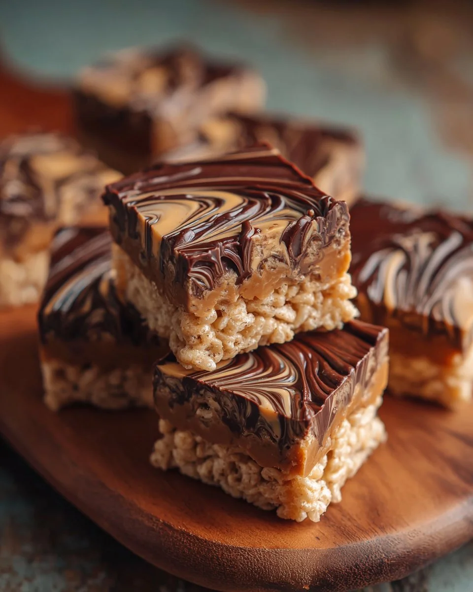 Peanut Butter Rice Krispie Treats with Chocolate Swirl in a dessert dish