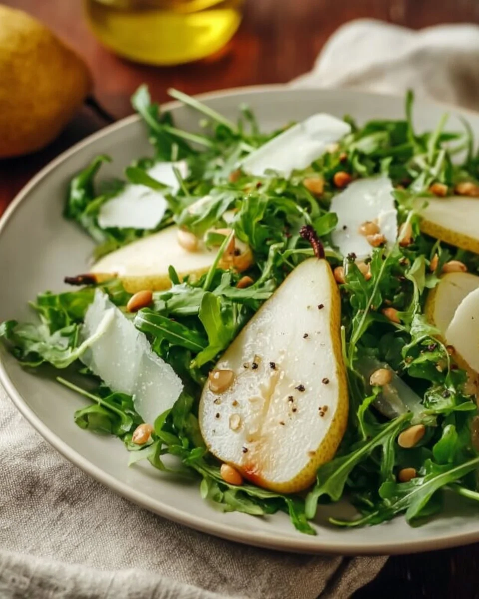 Delicious Pear and Arugula Salad with sliced pears and arugula leaves
