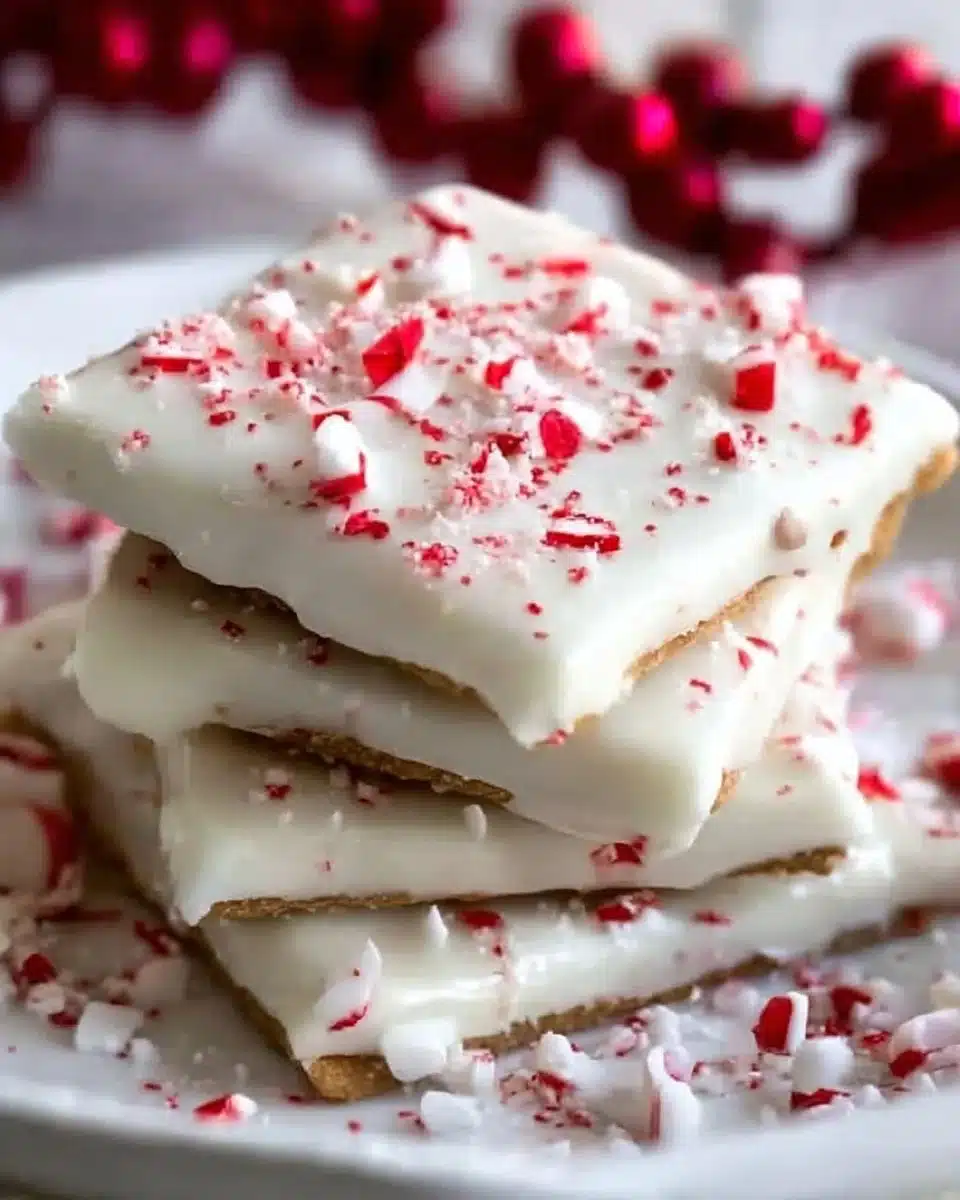Peppermint crunch white chocolate covered graham crackers on a festive plate