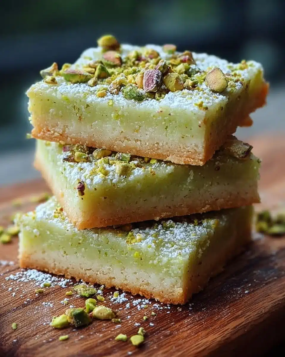 Pistachio pudding sugar cookie bars topped with crushed pistachios