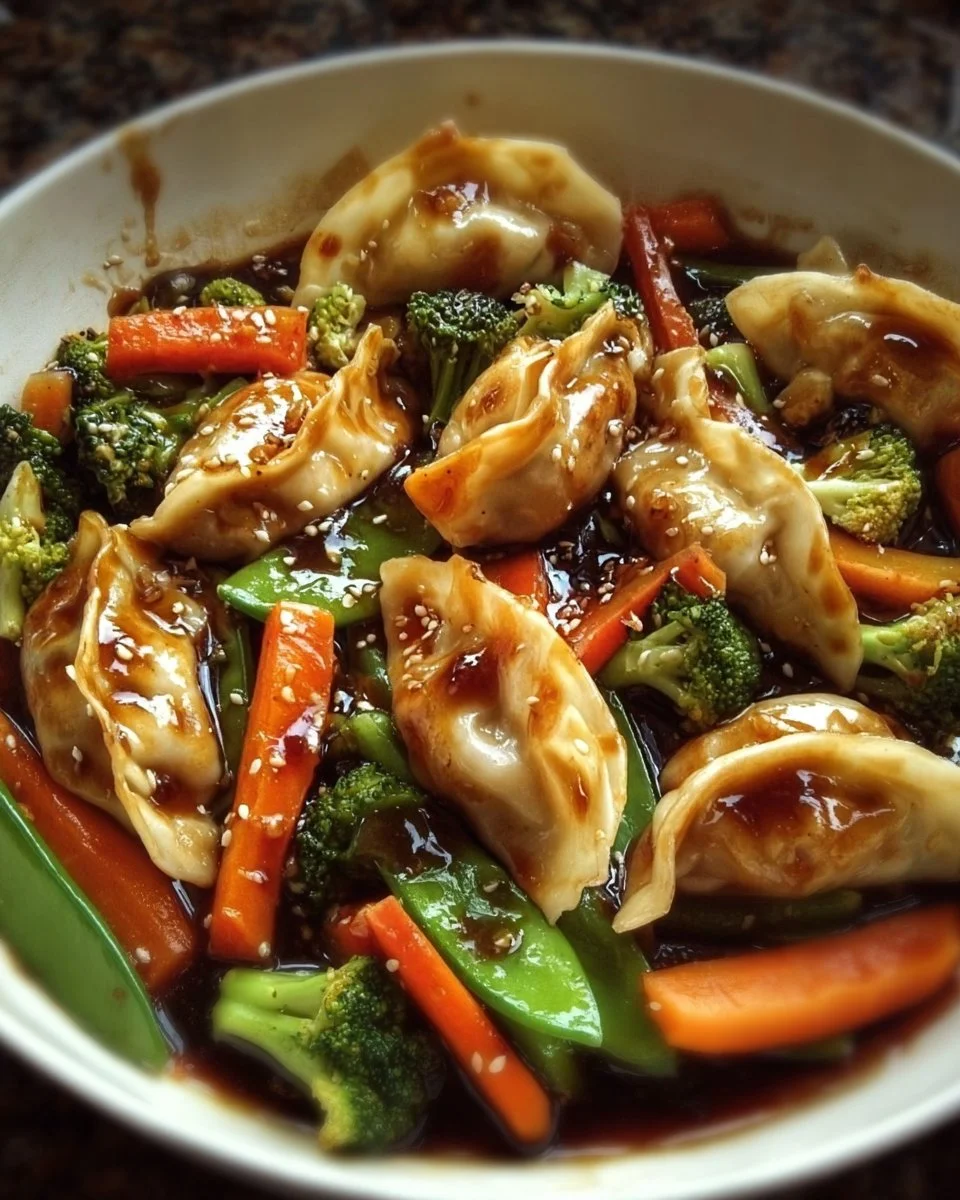 Delicious Potsticker Stir Fry with colorful vegetables and savory dumplings.