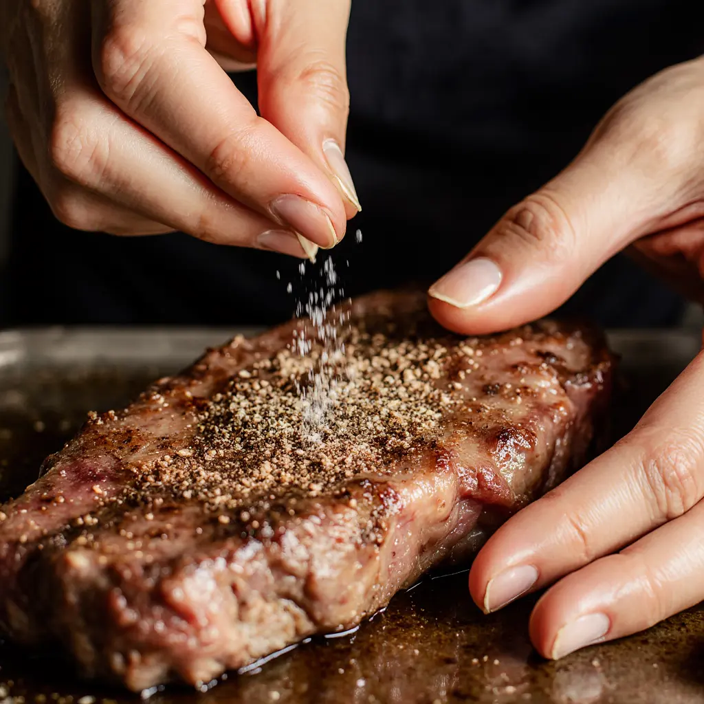 Hands seasoning top sirloin steak recipe with salt and pepper
