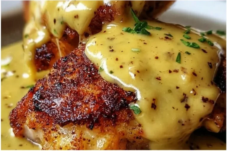 Pretzel Chicken topped with Mustard-Cheddar Sauce served on a plate