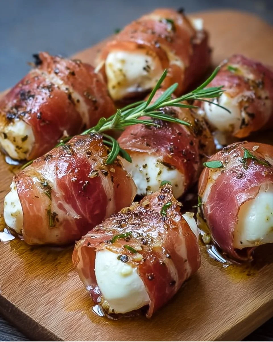 Delicious prosciutto wrapped mozzarella bites on a serving platter.
