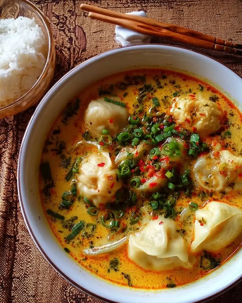 Quick coconut curry soup with dumplings in a bowl, garnished with fresh herbs.