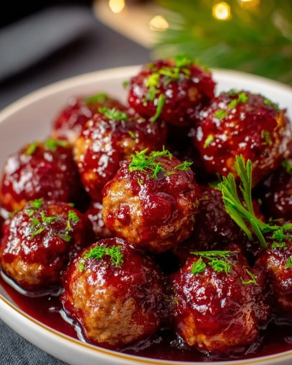 Delicious quick cranberry meatballs served for Christmas dinner