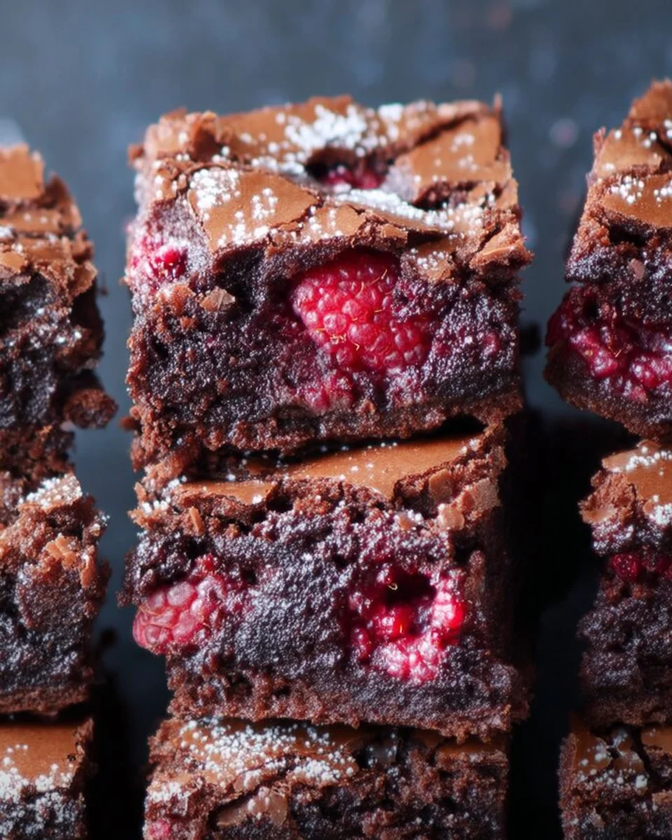 Delicious raspberry brownies topped with fresh raspberries and chocolate drizzle