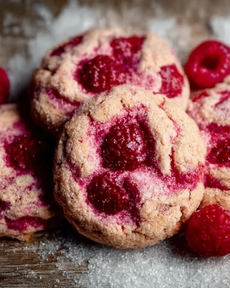 Freshly baked raspberry cookies with vibrant raspberries on a plate