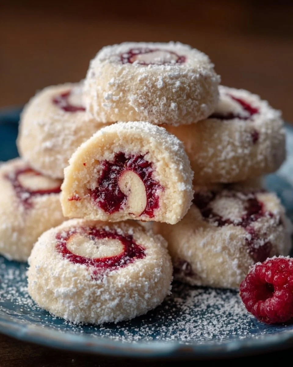 Raspberry-filled almond snowball cookies on a plate, dusted with powdered sugar.