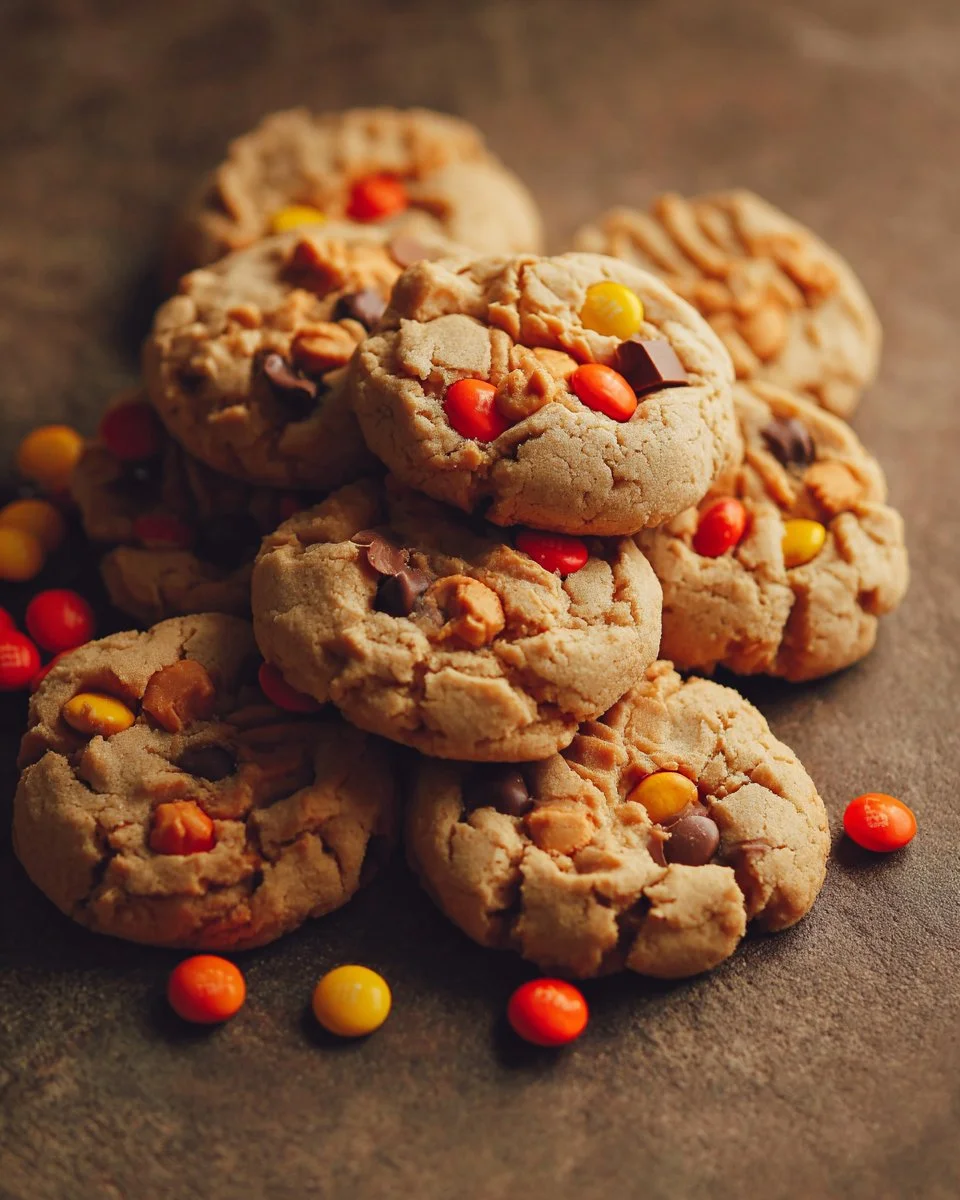 Delicious Reese’s Pieces peanut butter cookies on a baking sheet.