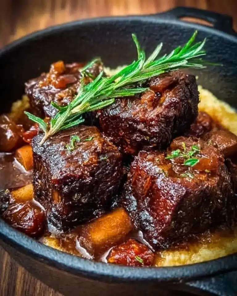 Delicious slow-braised beef short ribs in apple cider served on a plate