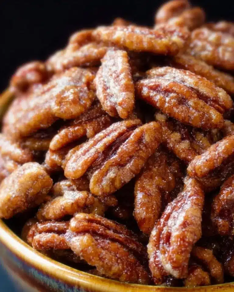 Bowl of slow cooker candied cinnamon pecans topped with spices