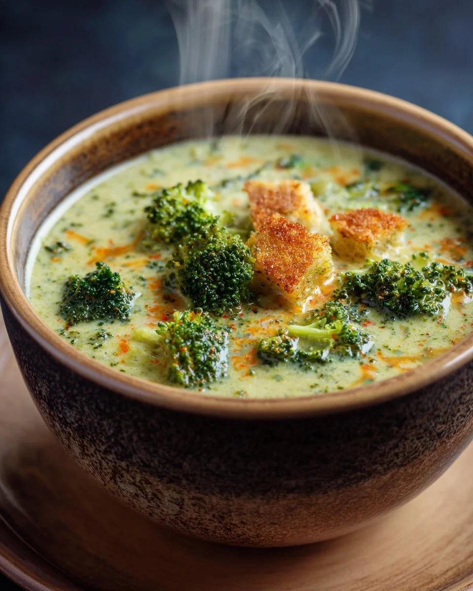 Bowl of delicious Smoked Gouda Broccoli Soup garnished with fresh herbs.