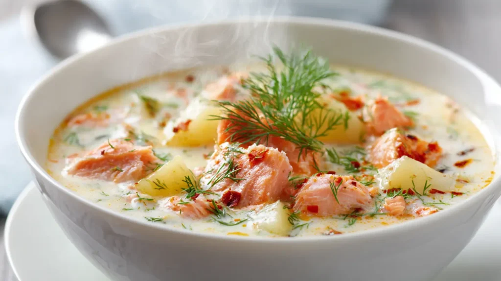 A creamy bowl of smoked salmon chowder with dill and salmon flakes on a white background.