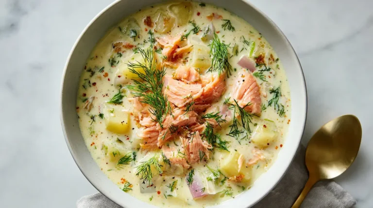 Smoked salmon chowder in a white bowl with creamy broth, potatoes, and fresh dill on a clean white background.