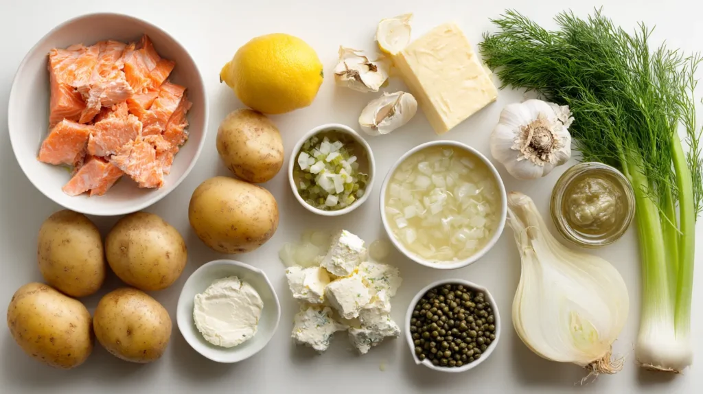 Ingredients for smoked salmon chowder arranged on a clean white background.