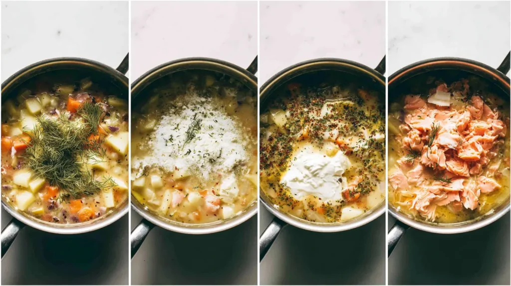 Step-by-step cooking collage showing how to make smoked salmon chowder.