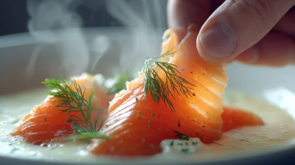 Close-up of smoked salmon being folded into creamy chowder.