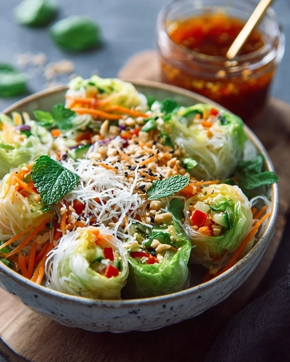 Fresh spring roll salad topped with spicy ginger dressing