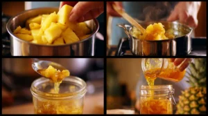 Step-by-step Pineapple Jam Recipe photo collage of cooking and bottling